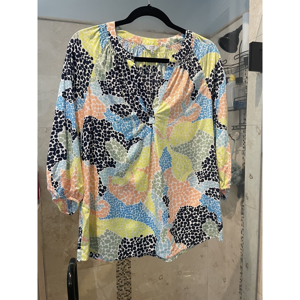 NWT Crown and Ivy Beach Vacation Cruise Print Tunic Blouse Top Sz S Peach Yellow